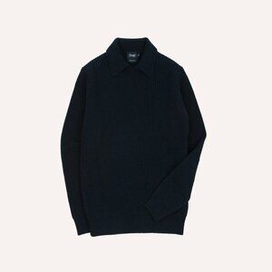 Drake's Navy Alpaca Lambswool Ribbed Integral Collar Jumper/Sweater, Size Small